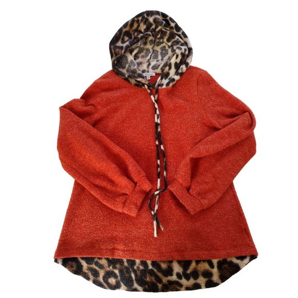 Women's Animal Print Hoodie Sweaters Casual Knit Pachwork Size M Orange Brown - Picture 3 of 9